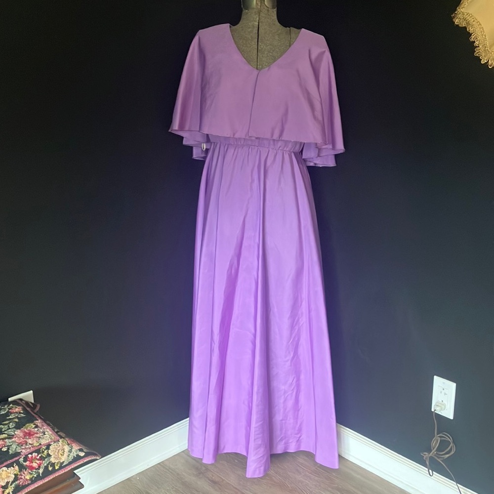 Vintage 1970s Mike Benet Formals Purple Dress with Capelet & Beading